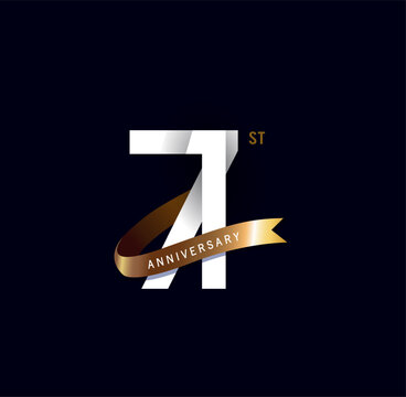 71 years anniversary vector number icon, birthday logo label, black and white with gold ribbon