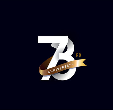 73 years anniversary vector number icon, birthday logo label, black and white with gold ribbon