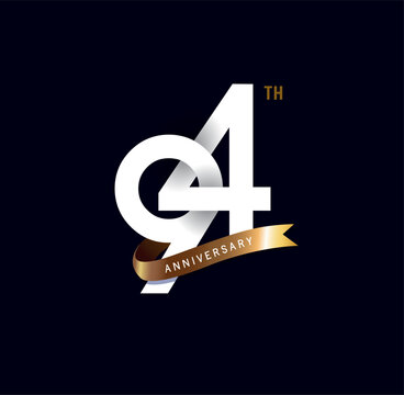 94 years anniversary vector number icon, birthday logo label, black and white with gold ribbon