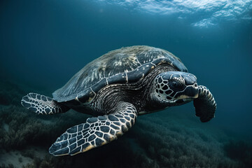 Fototapeta premium image of a hawksbill turtle swimming under the sea. underwater animals. illustration, generative AI.