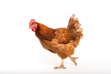 Fototapeta premium image of standing brown hen on white background. Farm Animals. illustration, generative AI.