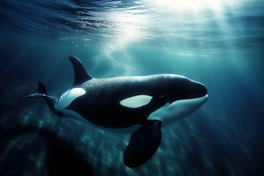 Image of orca or killer whale swimming under the sea. underwater animals. illustration, generative AI.