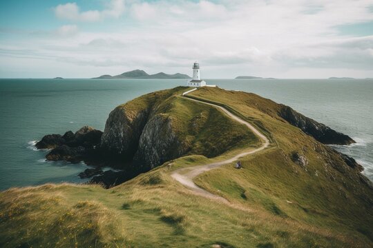 Watercolor of a white lighthouse on green hill above blue sea on Ynys Llanddwyn island. Generative AI