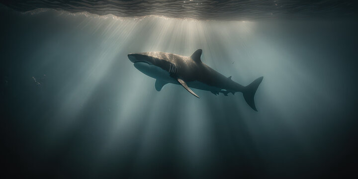 Underwater Photo of Shark in the Ocean with Murky Dark Water. Generative AI