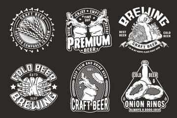 Beer set of designs with beer cap, can, hop, skeleton and bottle. Skull, beer glass, barly, bone hand and bottle for brewery or bar. Craft beer vector logos or emblems for pub and store