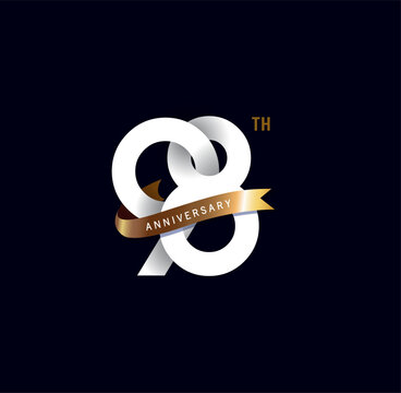 98 years anniversary vector number icon, birthday logo label, black and white with gold ribbon