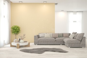 White living room with sofa. Scandinavian interior design. 3D illustration