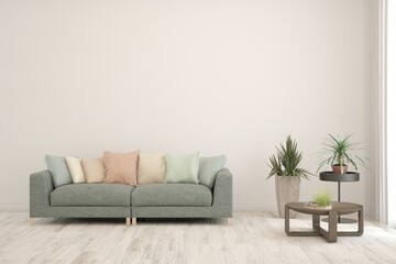 White living room with sofa. Scandinavian interior design. 3D illustration