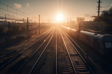 Fototapeta na wymiar Sunrise viewed from a train station platform. Generative AI
