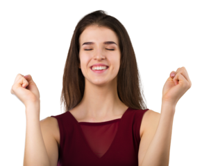 Young beautiful woman with win gesture