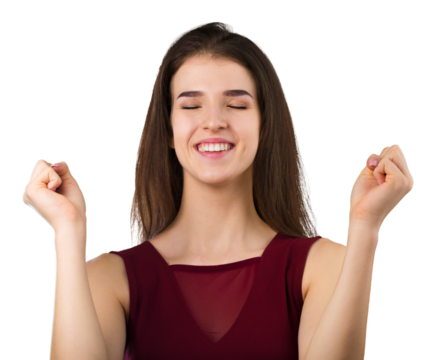 Young beautiful woman with win gesture