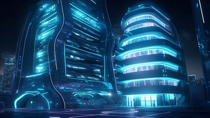Futuristic Hologram Office Building Tower in Business City - Generative AI