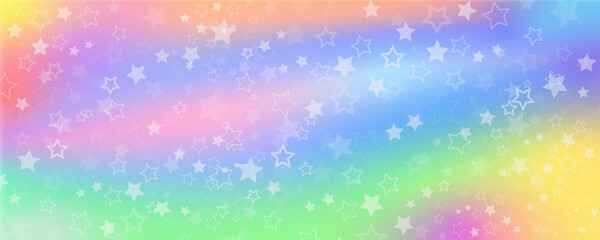 Unicorn rainbow background with stars. Cute nagic pastel pattern. Magic dreaming holographic sky. Vector