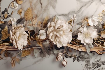 Obraz na płótnie Canvas Organic border with marbled floral pattern, retro style. Keywords: botanical, seamless, wash, ribbon, fashion, edging. Generative AI