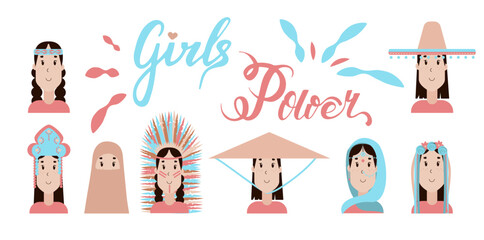Set of girls in national accessories and hats. Girls power from diffirent countries and nations. Multicultural Characters Of The World. Indian girl, vietnamese girl, ukranian, muslim, mexican girl.  