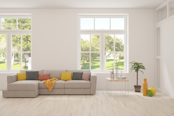 Bright interior design with modern furniture and summer landscape in window. 3D illustration