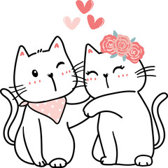 two cute sweet playful white kitten cats in love, Valentine pet animal cartoon hand drawing