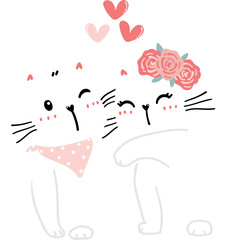 two cute sweet playful white kitten cats in love, Valentine pet animal cartoon hand drawing