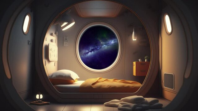 Interior of a doomsday escape pod. With milky way galaxy outside of the window. Meditation. Relaxing time. Space travelling.
