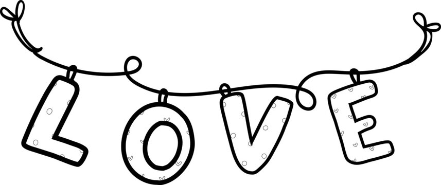 Cute Love letter word decorative flag garland flat design cartoon doodle hand drawing