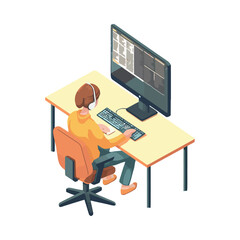 man sitting at desk using computer technology