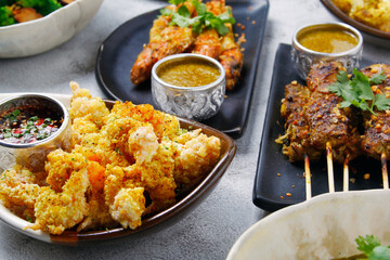 Freshly cooked Thai food spicy fried breaded shrimp