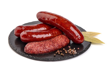 Grilled bratwurst Pork Sausages with Bay leaf, close-up, isolated on white background.