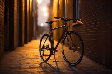 Fototapeta na wymiar A bicycle propped against a brick corner. Generative AI