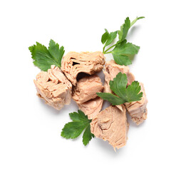 Delicious canned tuna with fresh herbs isolated on white background