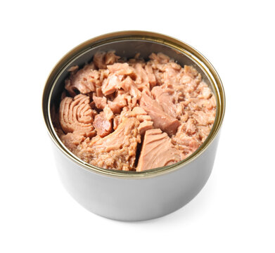 Opened tin can with tuna fish isolated on white background