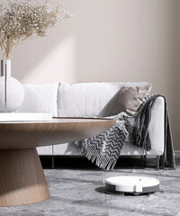 White modern vacuum cleaner robot working, vacuuming, cleaning granite floor living room, gray sofa, coffee table in sunlight on white wall. Housework, smart home lifestyle, technology background 3D