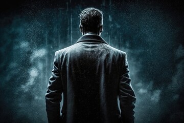 homme de dos avec un manteau, ambiance sombre et mystérieuse de thriller avec pluie et brume bleue de nuit