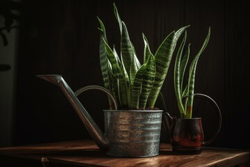 Tiger's tail Sansevieria plant in a plant stand with a watering can. Generative AI