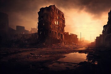 illustration post-apocalyptique d'une ville détruite après une catastrophe, vide et déserte  - obrazy, fototapety, plakaty