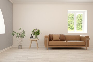 White living room with sofa. Scandinavian interior design. 3D illustration