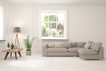 Modern interior concept with sofa and summer landscape in window. 3D illustration