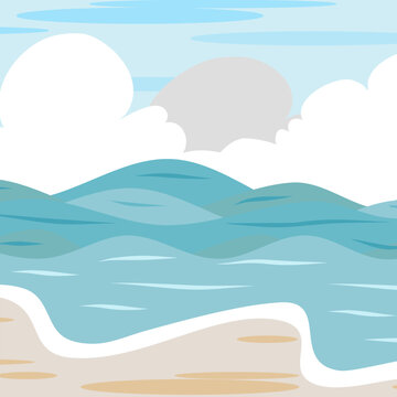 Beach background vector, cloud, wave, sea, ocean, sky, sand. Beach Landscape-Digital Painting Illustration. Vector illustration-Ocean on background. Banner, site, poster template.