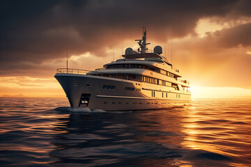 Fototapeta na wymiar An aerial view of a large yacht, superyacht on water near coat line, A luxury yacht is floating through the water at sunset, generative ai