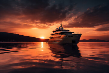 Fototapeta na wymiar An aerial view of a large yacht, superyacht on water near coat line, A luxury yacht is floating through the water at sunset, generative ai