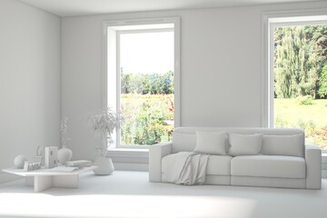 Bright interior design with modern furniture and summer landscape in window. 3D illustration