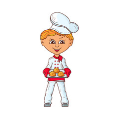 A young baker holds a tray of pastries. Vector character in cartoon style