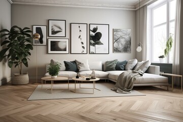 Living room interior with mock up posters in 3D rendering showcasing Scandinavian style. Generative AI