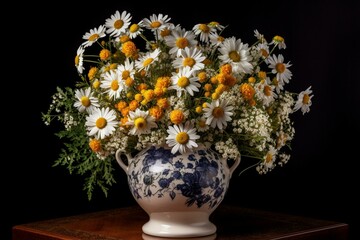 Vase with chamomile and vibrant flowers. Generative AI