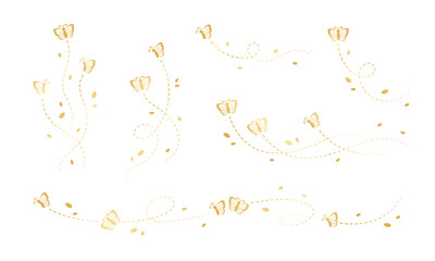 Gold Butterflies Set. Golden Flying Butterfly with Dotted Line Route. Beautiful elegant insects with open wings trail. Vector design elements for spring and summer.