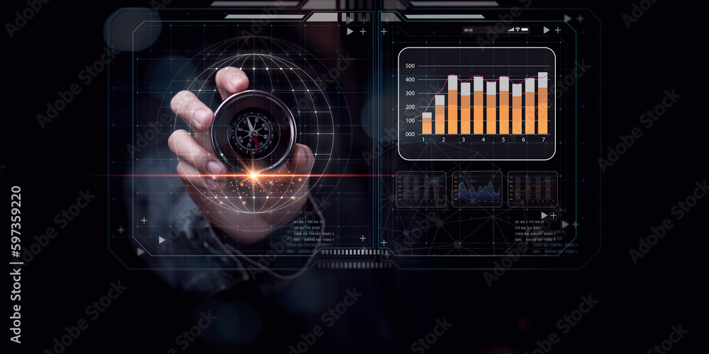 Poster businessman holding a compass show report concepts, graphs and charts, business statistics,analysis 