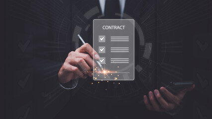 Businessman checking contract documents online ,handle business documents and agreements , Business...