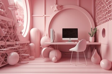 Pink abstract interior with geometric shapes and computer. 3D illustration. Generative AI