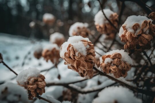 Closeup of snowballs on tree with withered flowers. Generative AI