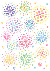 水彩手描きのたくさんの花火のイラスト-縦型