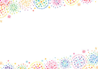 水彩手描きの花火が上下斜めに並んだイラスト-横型